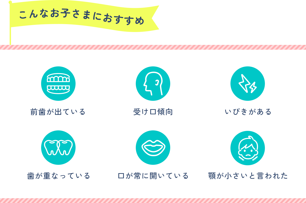 こんなお子さまにおすすめ。前歯が出ている、受け口傾向、いびきがある、歯が重なっている、口が常に開いている、顎が小さいと言われた。
