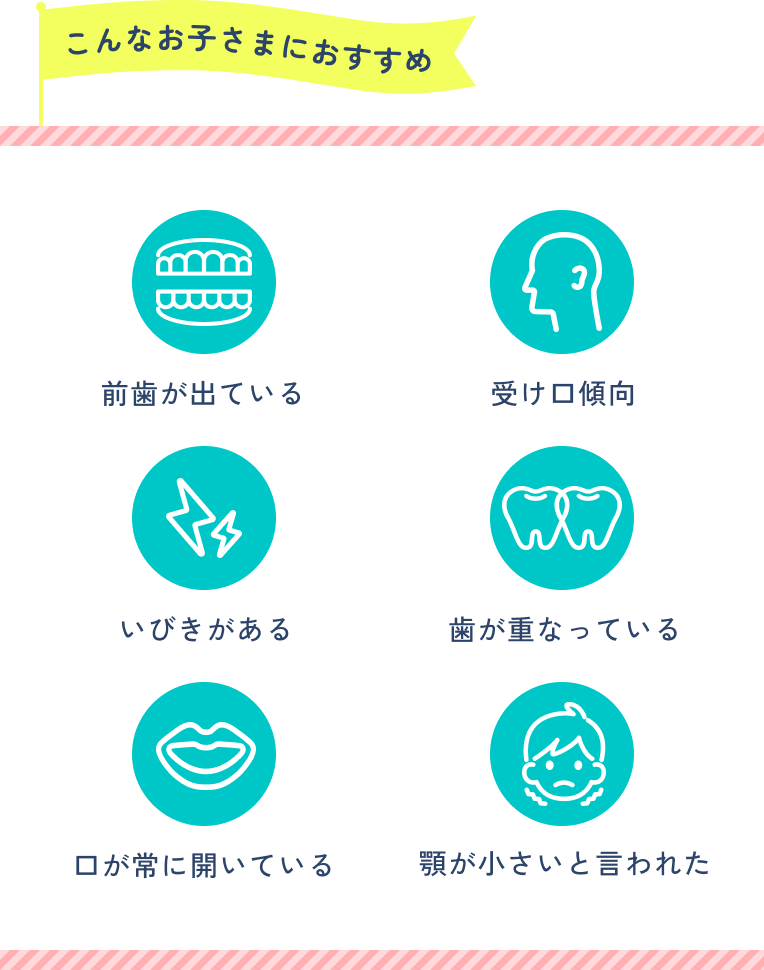 こんなお子さまにおすすめ。前歯が出ている、受け口傾向、いびきがある、歯が重なっている、口が常に開いている、顎が小さいと言われた。