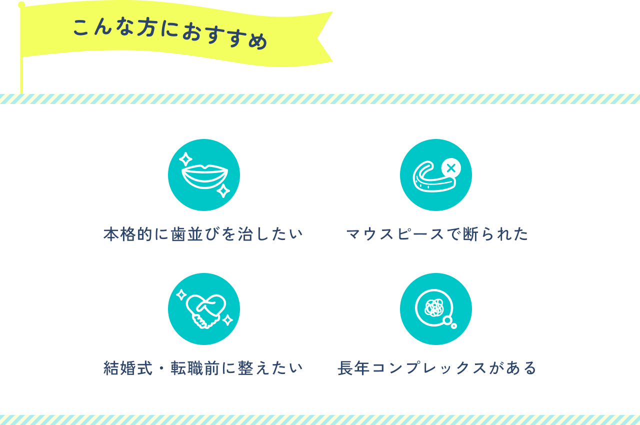 こんな方におすすめ。本格的に歯並びを治したい。マウスピースで断られた。結婚式・転職前に整えたい。長年コンプレックスがある