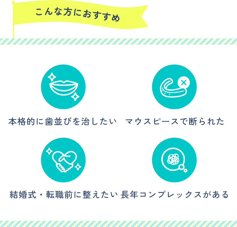 こんな方におすすめ。本格的に歯並びを治したい。マウスピースで断られた。結婚式・転職前に整えたい。長年コンプレックスがある